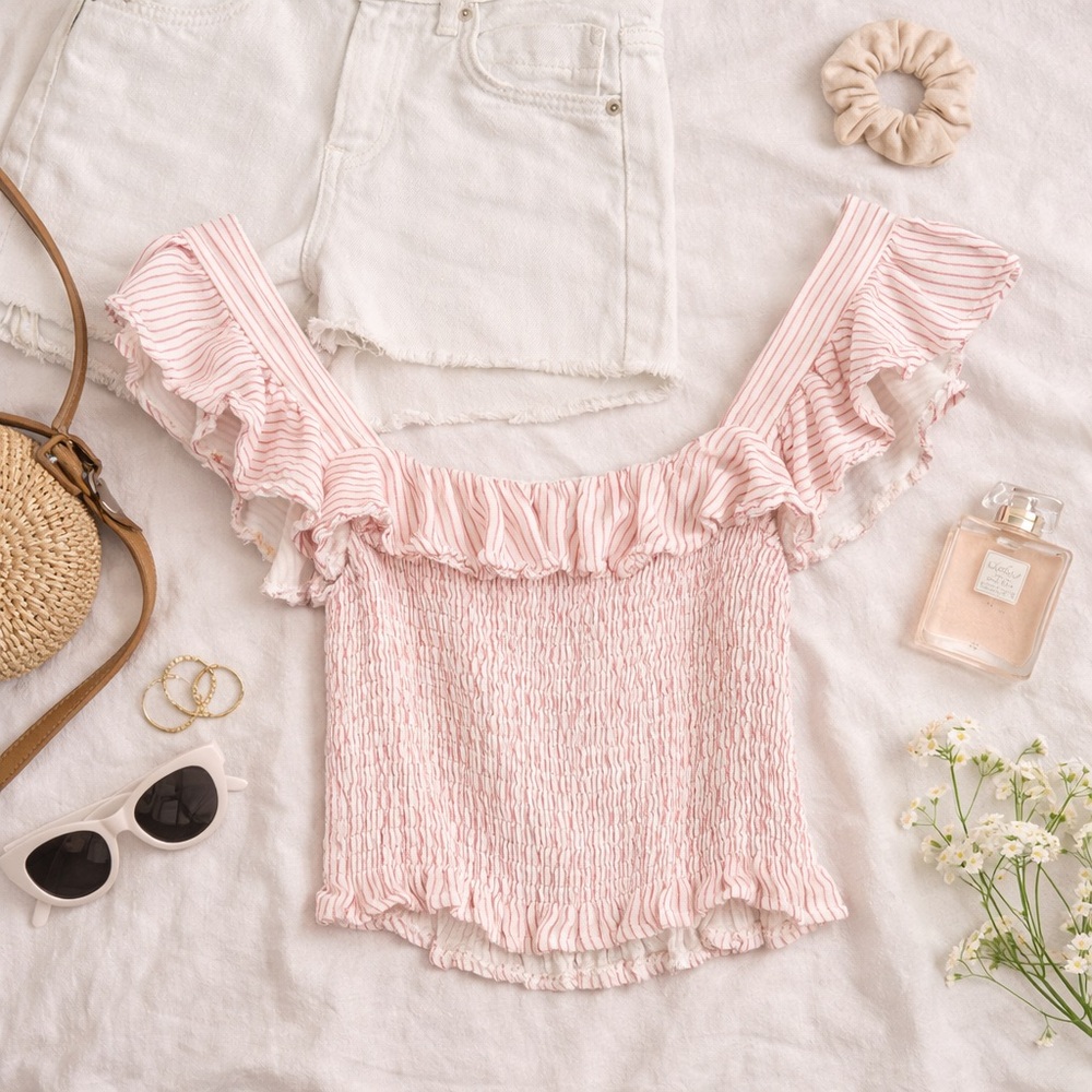 Vintage Havana Pink White Striped Smocked Off Shoulder Crop Top Ruffle - Size M
